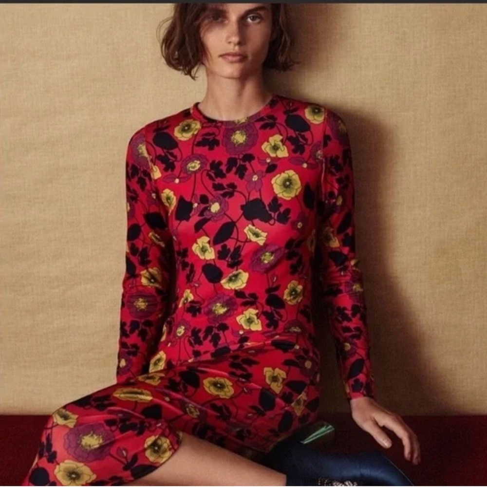 Zara Floral Bodycon Stretch Midi Long Sleeve Dress Size M - Picture 4 of 8
